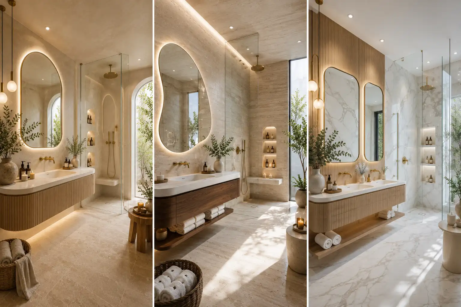Premium featured image showcasing a three panel grid of luxury small bathroom design ideas with bright marble interiors, floating wood vanities, oversized backlit mirrors, frameless glass walk in showers, brushed brass fixtures, warm LED lighting, elegant spa inspired décor, natural greenery, and modern luxury bathroom remodeling ideas for contemporary homes.
