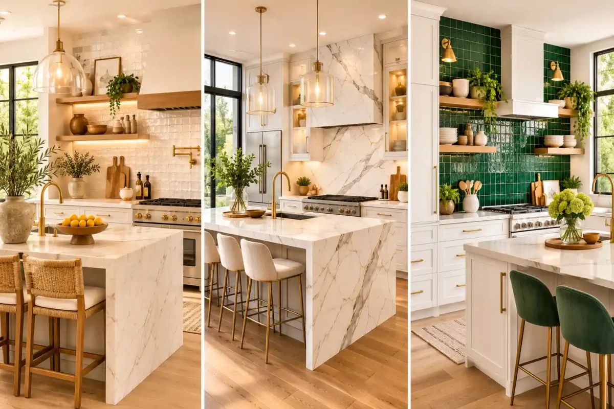 Luxury kitchen backsplash ideas featuring a premium three panel collage with handcrafted white Zellige tiles, elegant full slab marble backsplash, and glossy emerald green tile backsplash. The modern kitchens include white shaker cabinets, waterfall marble islands, brushed brass hardware, floating wooden shelves, designer pendant lights, oversized windows, and bright natural lighting, showcasing timeless kitchen backsplash ideas for a stylish luxury home renovation.