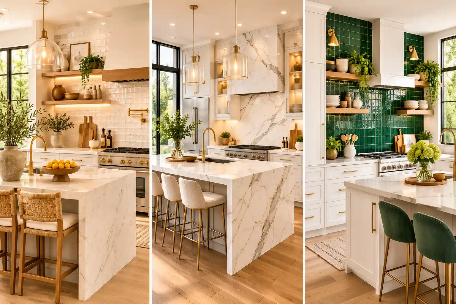 Luxury kitchen backsplash ideas featuring a premium three panel collage with handcrafted white Zellige tiles, elegant full slab marble backsplash, and glossy emerald green tile backsplash. The modern kitchens include white shaker cabinets, waterfall marble islands, brushed brass hardware, floating wooden shelves, designer pendant lights, oversized windows, and bright natural lighting, showcasing timeless kitchen backsplash ideas for a stylish luxury home renovation.