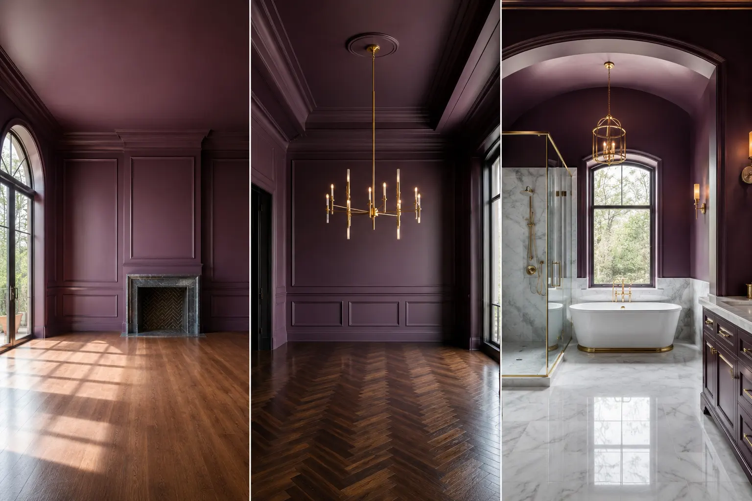 Luxury collage featuring three elegant plum and purple paint ideas, including a sophisticated living room with decorative wall molding, a dramatic dining room with gold chandelier and rich plum walls, and a luxury marble bathroom with gold fixtures. Showcasing bold purple paint colors, high-end interior design, modern luxury décor, natural lighting, and timeless architectural details.