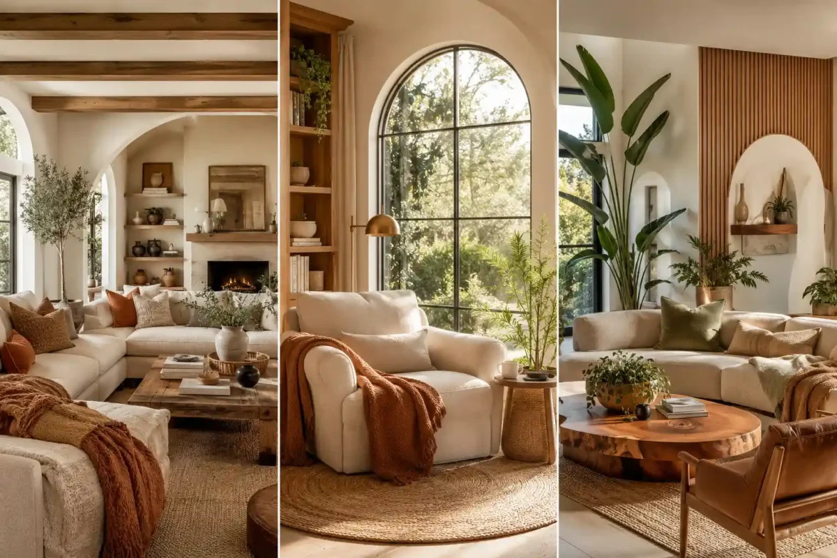 Collage of three cozy home decor tips interiors featuring cream sectional sofas, warm neutral decor, natural wood accents, oversized arched windows, indoor plants, textured rugs, layered throw blankets, and modern organic home design ideas that create a warm and inviting atmosphere.
