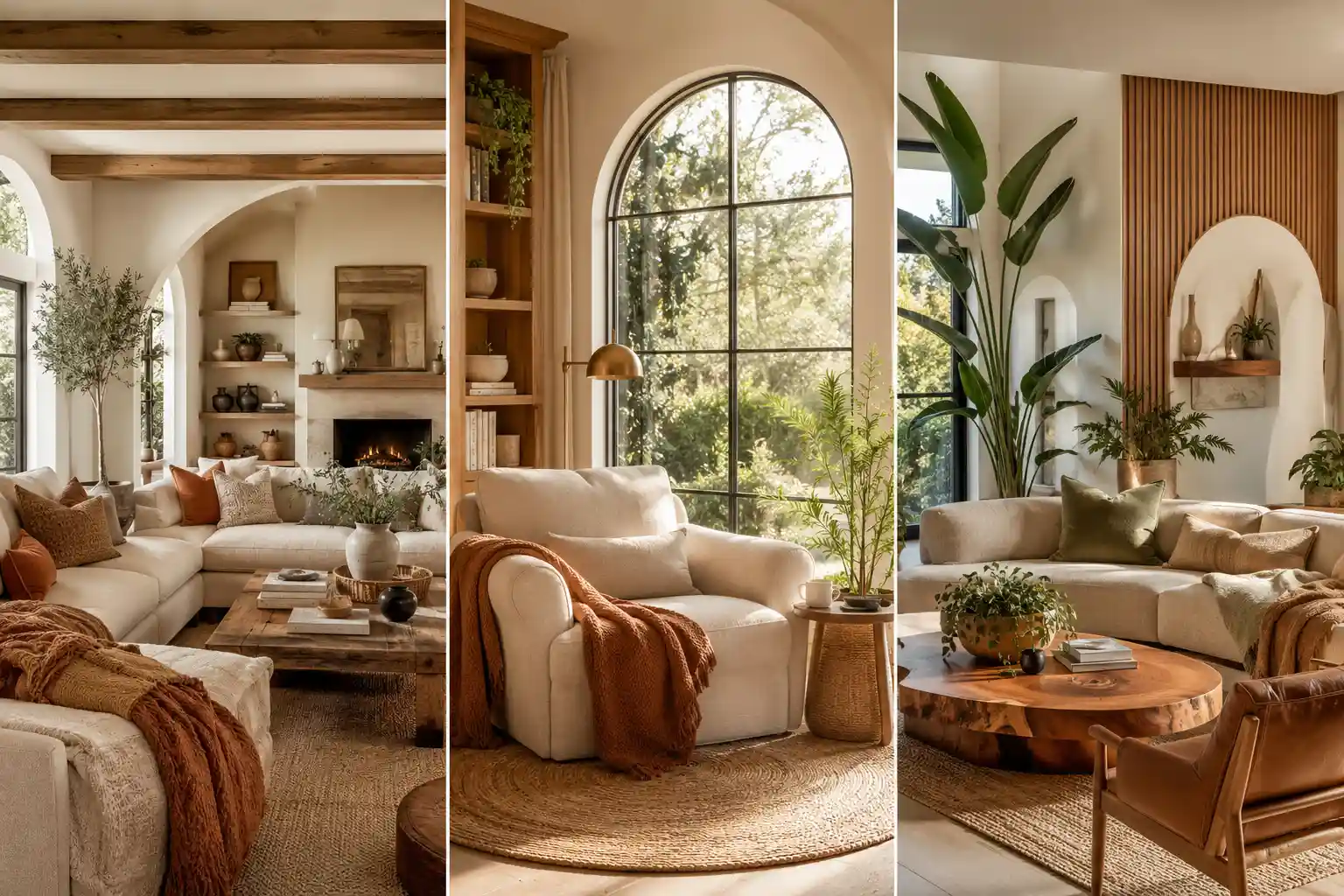 Collage of three cozy home decor tips interiors featuring cream sectional sofas, warm neutral decor, natural wood accents, oversized arched windows, indoor plants, textured rugs, layered throw blankets, and modern organic home design ideas that create a warm and inviting atmosphere.