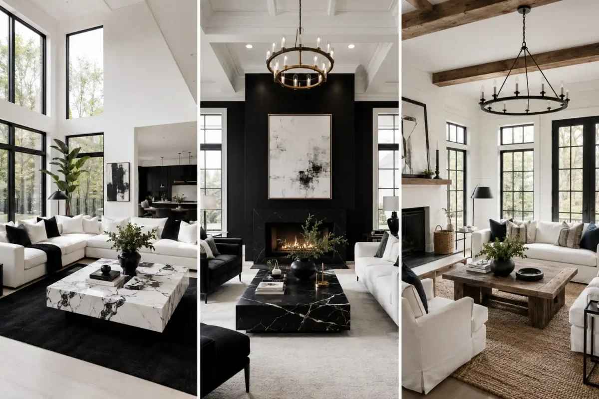 black and white living room ideas collage featuring modern minimalist, black accent wall, and modern farmhouse living room designs with luxury monochrome decor and designer furnishings.