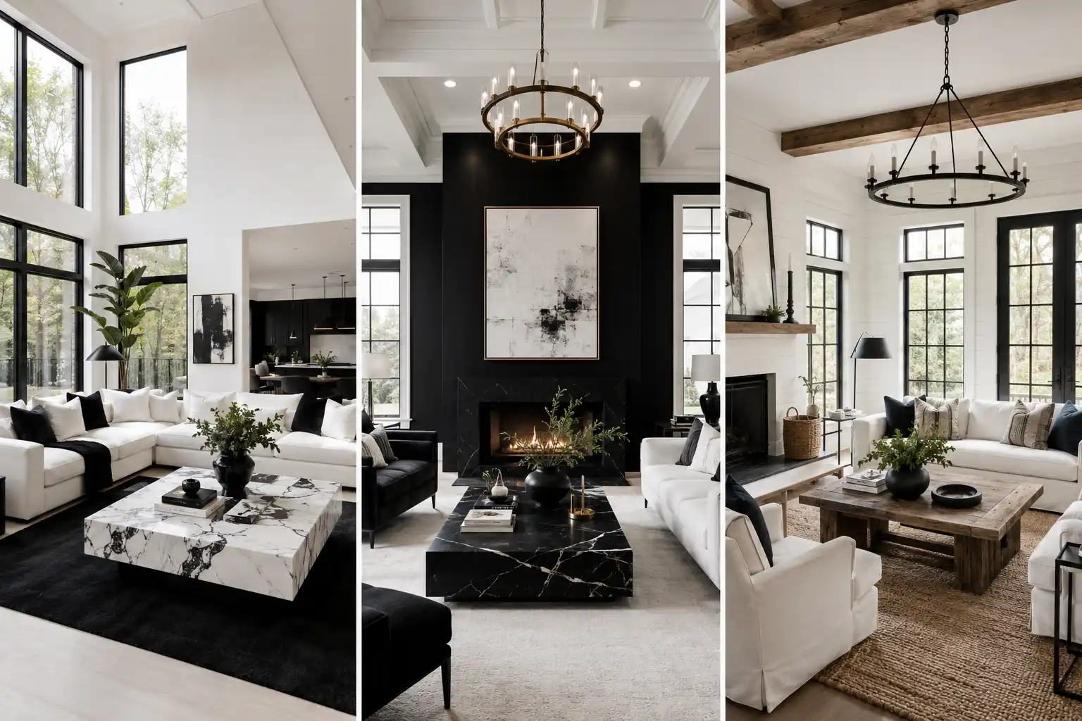 black and white living room ideas collage featuring modern minimalist, black accent wall, and modern farmhouse living room designs with luxury monochrome decor and designer furnishings.