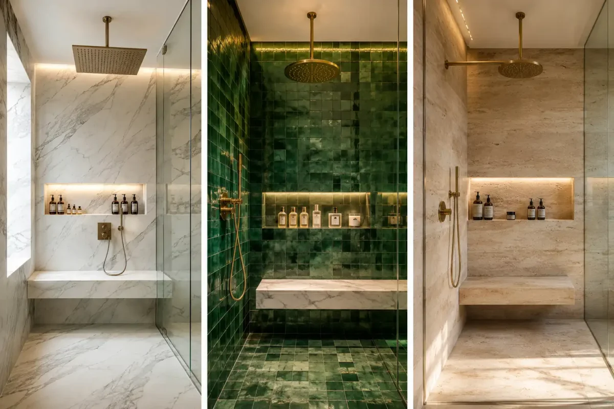 Luxury walk-in shower ideas collage featuring white marble, emerald green zellige tile, and travertine stone shower designs with gold rainfall showerheads, floating benches, illuminated niches, and frameless glass enclosures.