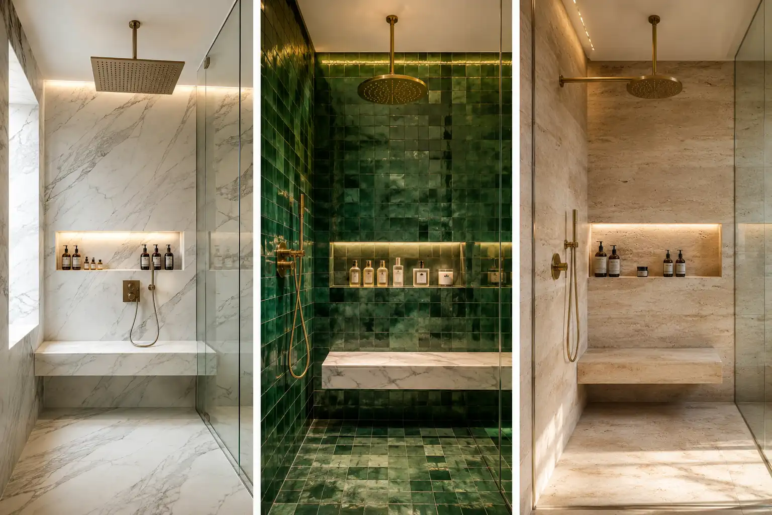 Luxury walk-in shower ideas collage featuring white marble, emerald green zellige tile, and travertine stone shower designs with gold rainfall showerheads, floating benches, illuminated niches, and frameless glass enclosures.