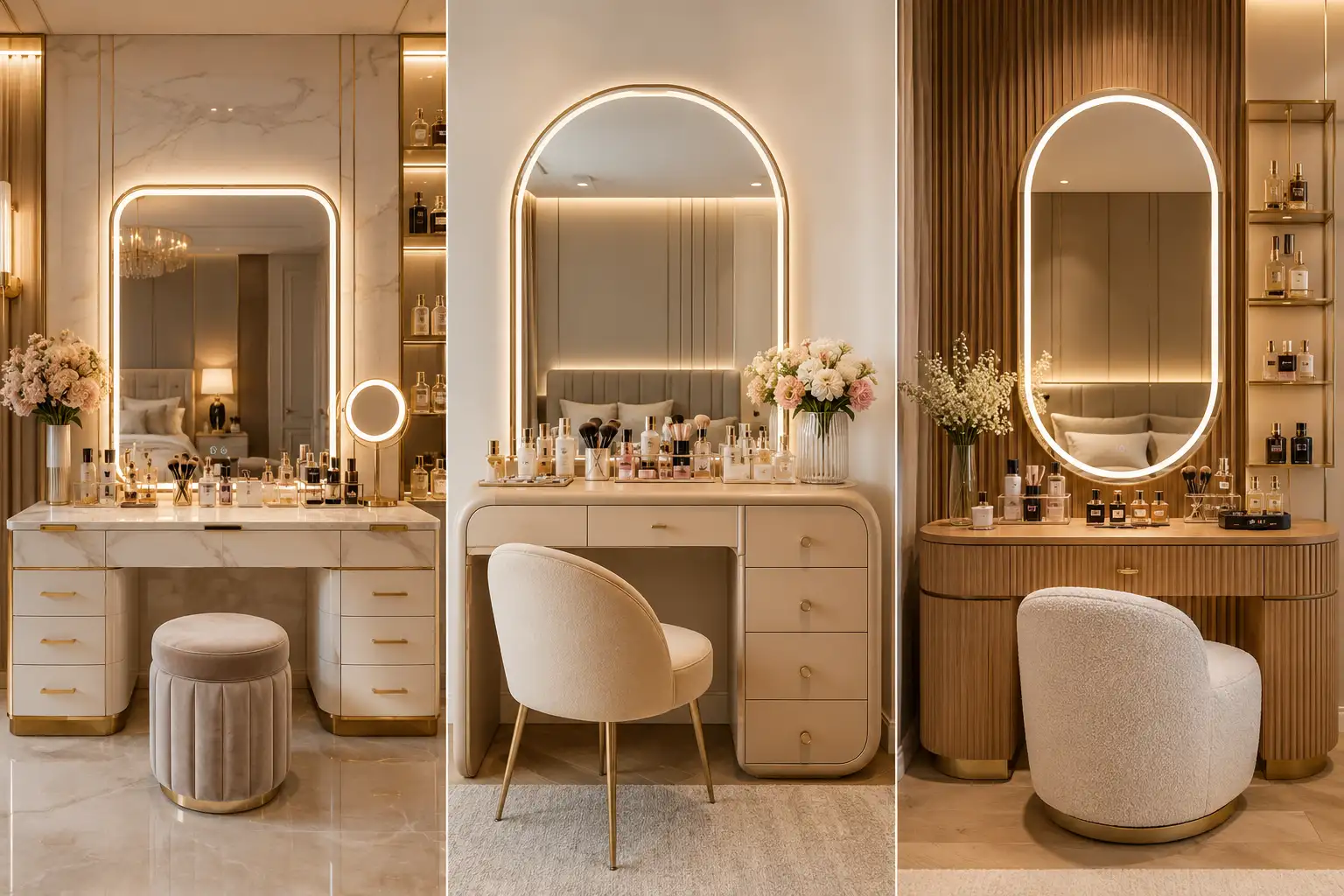 Luxury dressing table ideas collage featuring three modern bedroom vanity designs with LED mirrors, marble finishes, fluted wood details, gold accents, makeup organization, designer perfumes, upholstered chairs, and elegant neutral bedroom decor in a high-end luxury interior setting