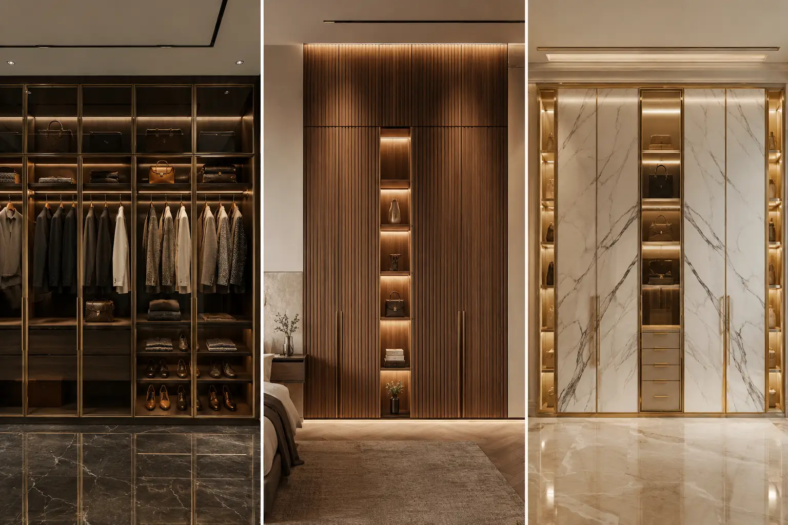 Featured image showcasing three luxury modern wardrobe design ideas in a vertical grid layout, including a black glass wardrobe with illuminated display storage, a fluted walnut wood wardrobe with integrated LED shelving, and a marble-effect wardrobe with gold accents, premium cabinetry, and high-end bedroom storage inspiration.