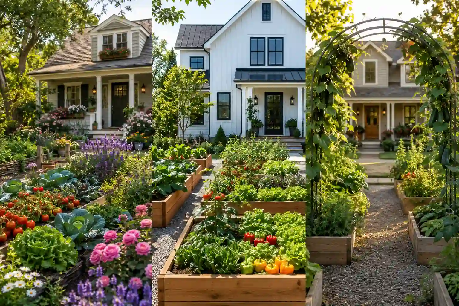 Three-panel front yard vegetable garden ideas collage showcasing a cottage-style edible garden with flowers, a modern farmhouse garden with raised cedar beds growing tomatoes, lettuce, herbs, and peppers, and a decorative garden arch covered in climbing vegetables, all designed to enhance curb appeal and provide beautiful edible landscaping inspiration.