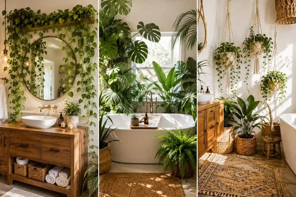 Collage of three spa-inspired bathroom plant decor ideas featuring cascading pothos vines around a round mirror, a tropical bathtub surrounded by monstera and palm plants, and a boho bathroom with macramé hanging planters, woven baskets, natural wood furniture, and lush indoor greenery
