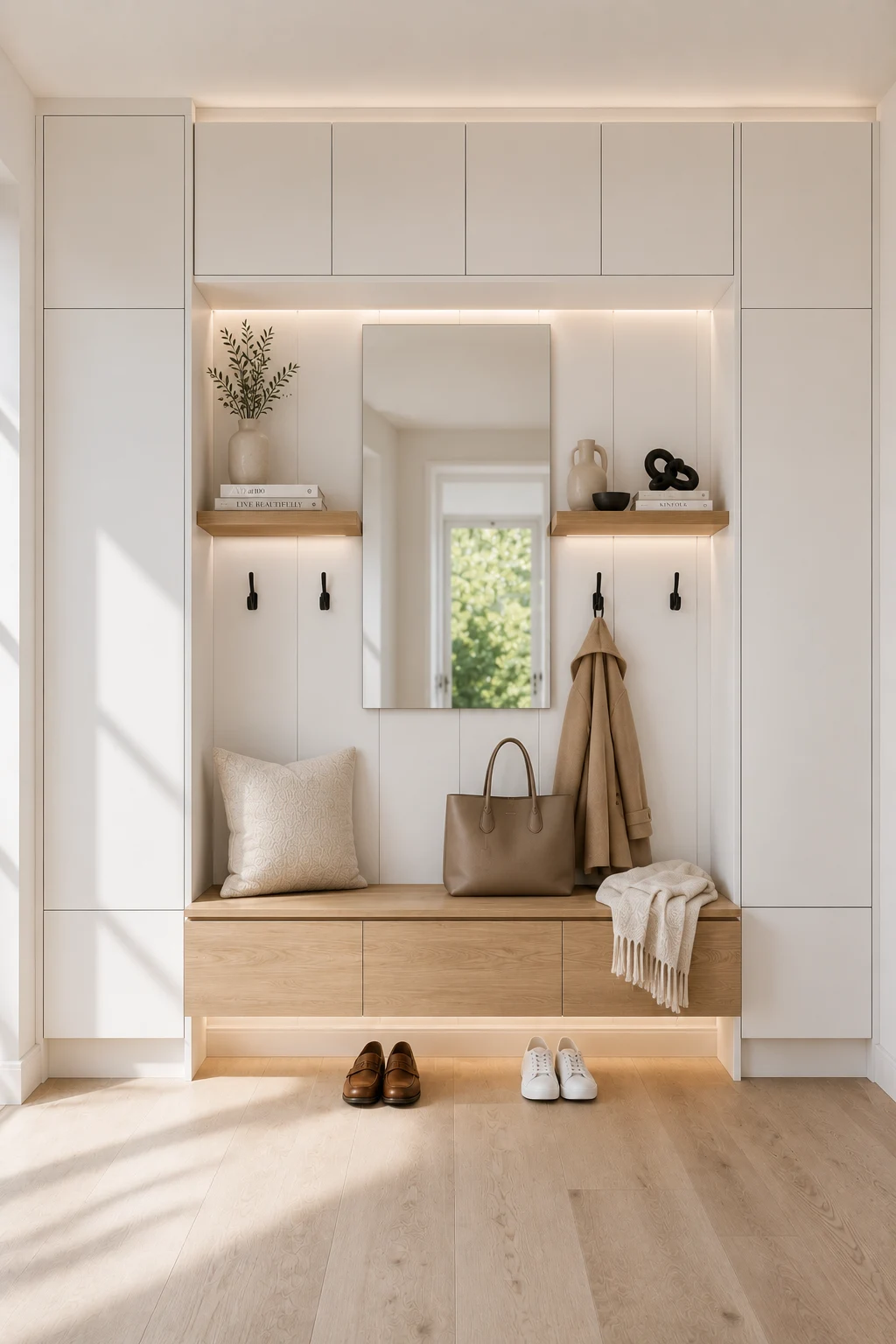 Modern IKEA mudroom with floor to ceiling built in white cabinets, floating oak storage bench, hidden drawers, matte black wall hooks, warm LED lighting, open display shelves, decorative styling, and smart entryway storage that keeps shoes, coats, and everyday essentials neatly organized in a bright contemporary home.