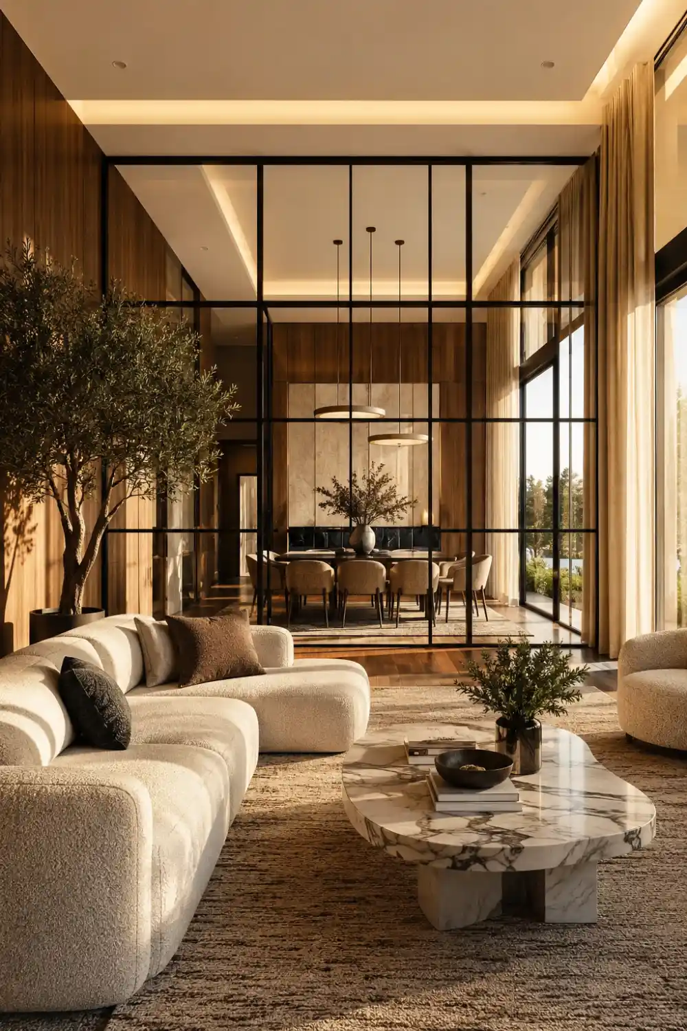 Modern black metal frame glass partition separating a luxury living room and dining area with floor to ceiling glass panels, marble coffee table, cream boucle sofa, walnut wood accents, indoor olive tree, large windows, warm natural light, open concept layout, and contemporary luxury interior design.