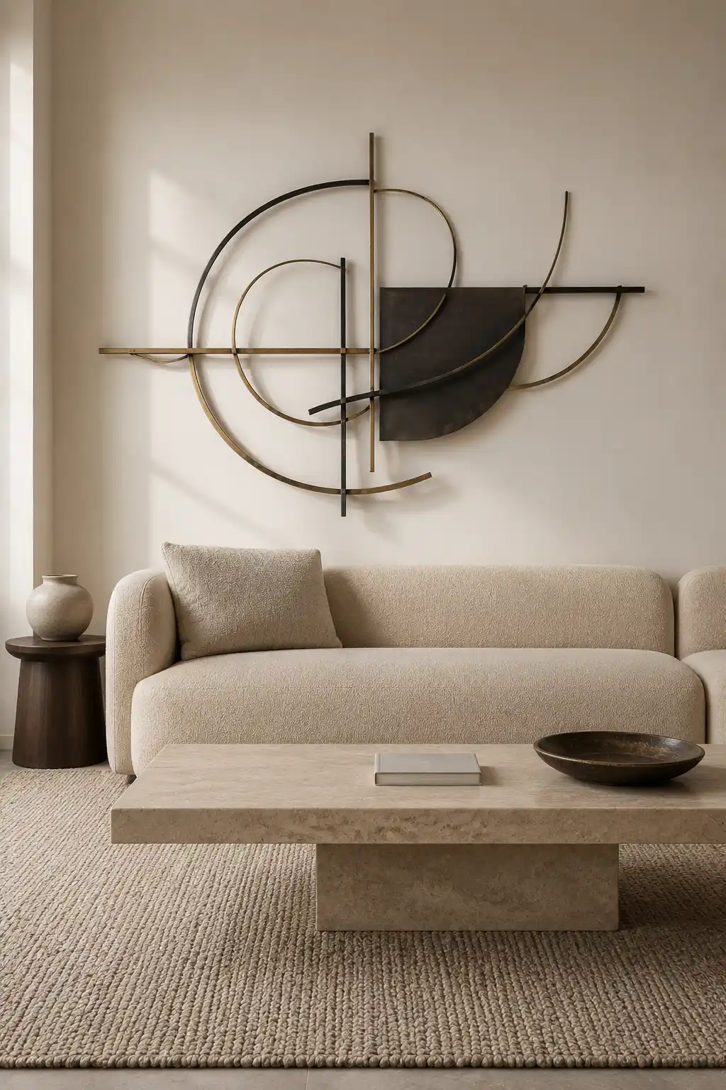 Modern neutral living room featuring a large abstract metal wall sculpture with curved aged brass and matte black geometric lines above a cream boucle sofa, styled with a travertine coffee table, textured woven rug, ceramic decor, and warm minimalist interior details.