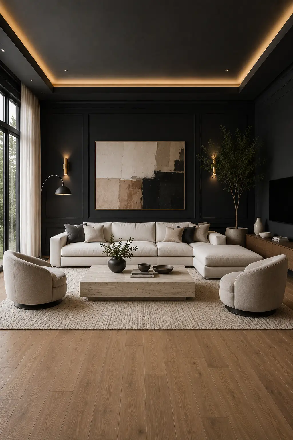 Modern luxury living room with soft black painted walls, a large cream sectional sofa, curved neutral accent chairs, a pale travertine coffee table, textured ivory area rug, warm oak flooring, oversized abstract wall art, brass sconces, and elegant ambient ceiling lighting.