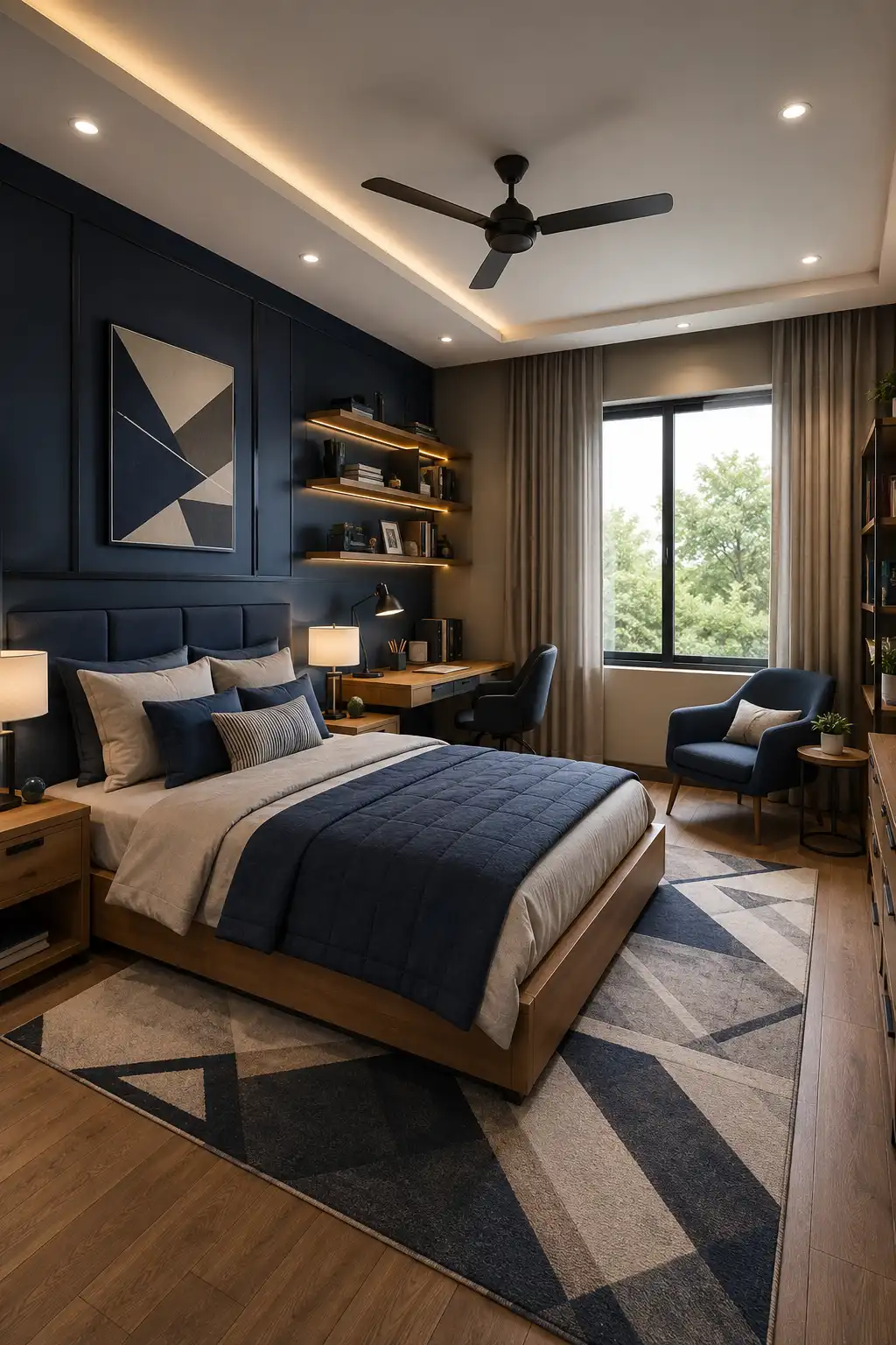 Modern navy blue boys’ bedroom featuring a deep navy paneled accent wall, warm wood platform bed, layered blue and neutral bedding, bold geometric area rug, compact study desk, illuminated floating shelves, cozy reading chair, large window, and warm modern ceiling lighting.