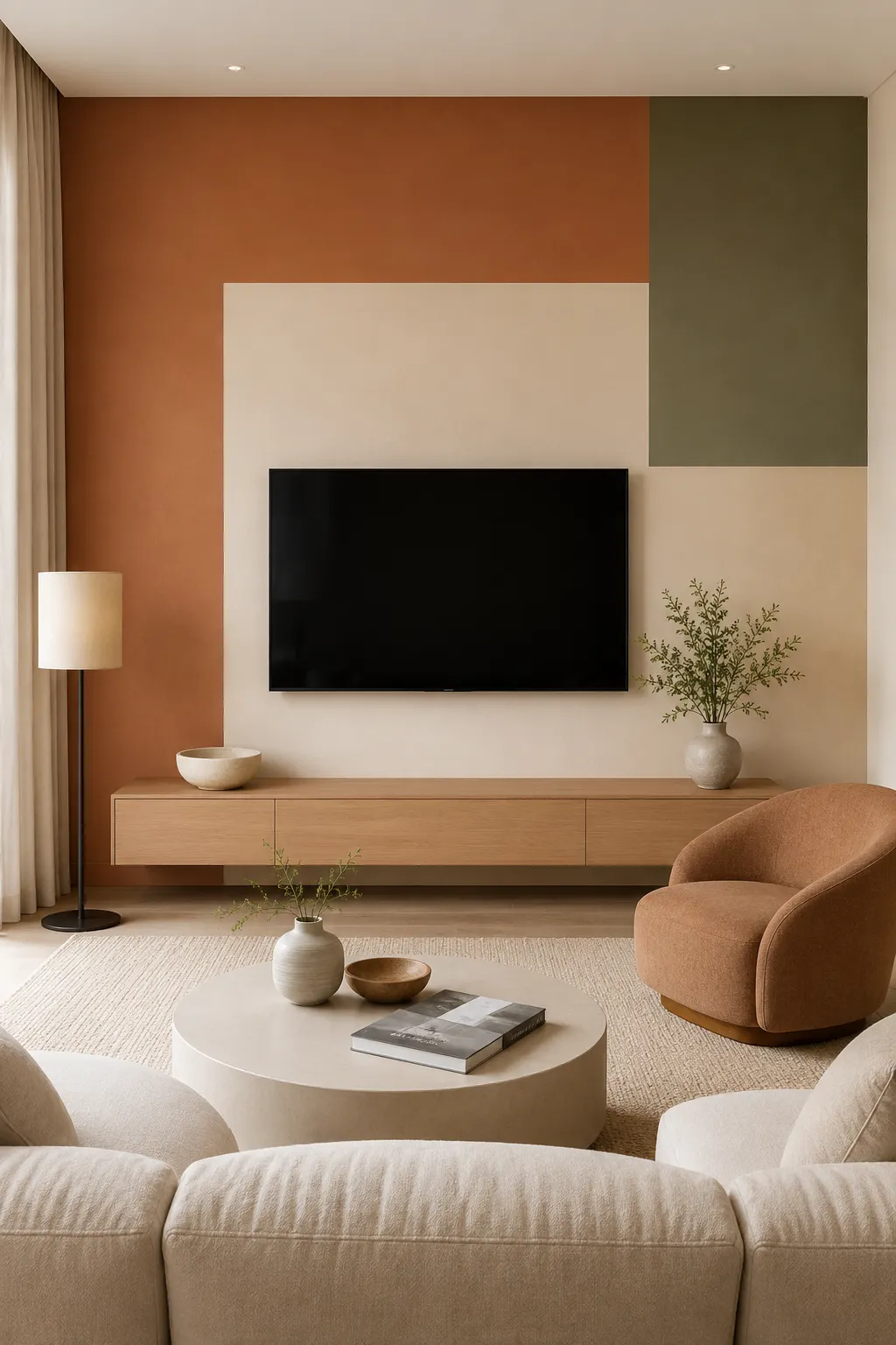 Modern color block TV wall featuring warm terracotta, soft cream, and muted olive green sections behind a wall mounted television, styled with a floating light wood media console, curved neutral seating, a round coffee table, textured rug, and warm contemporary living room decor.