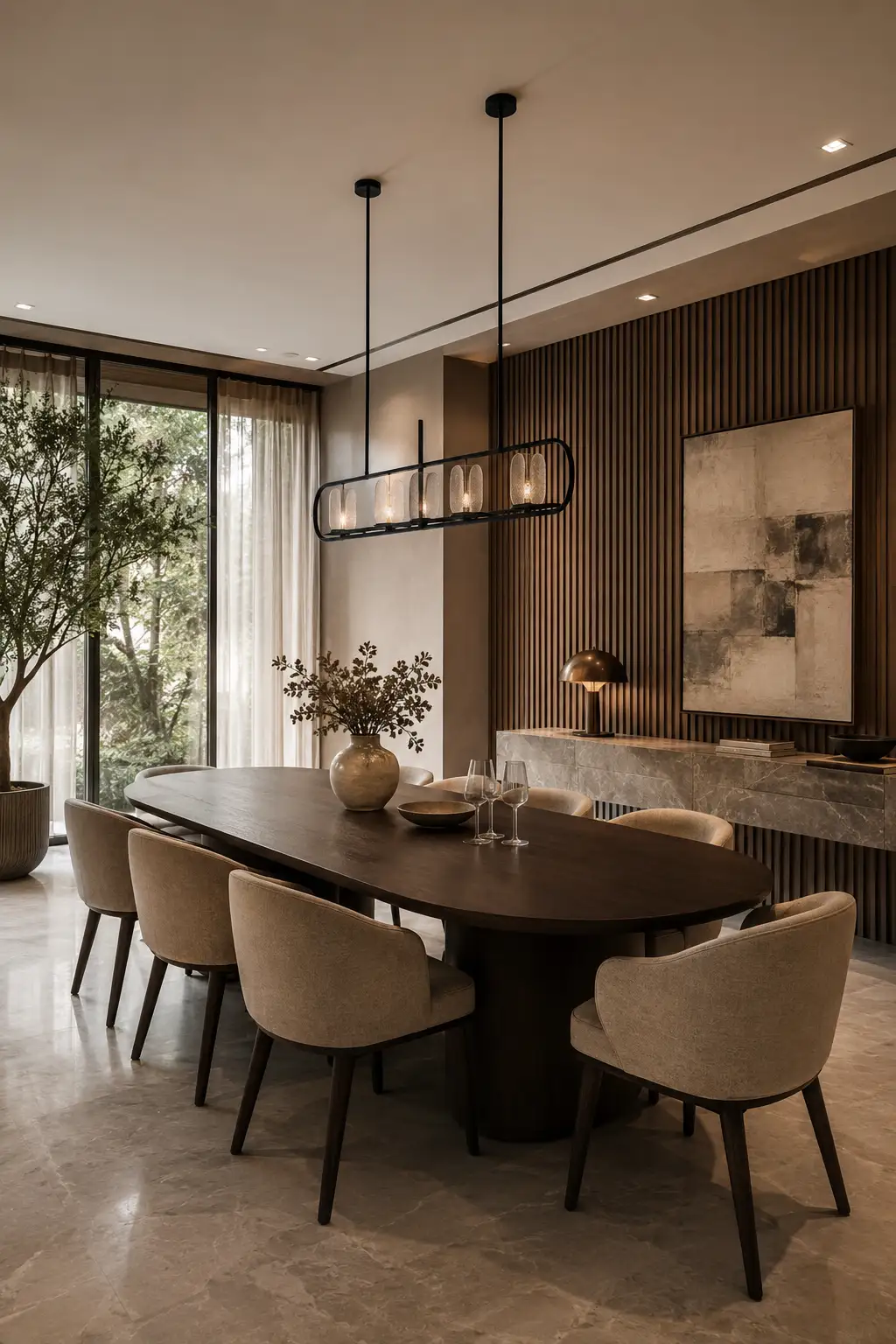 Modern luxury dining room featuring a dark oval wood dining table, soft beige upholstered chairs, full height vertical walnut wall panels, a contemporary linear pendant light, oversized neutral abstract artwork, a floating stone console, warm ambient lighting, and floor to ceiling windows with sheer curtains.