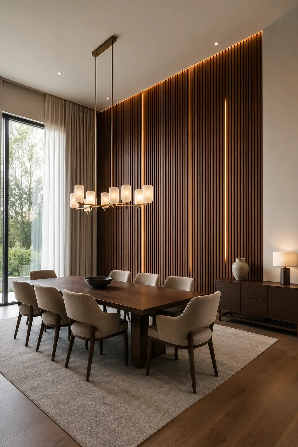 Modern dining room featuring a dramatic full height fluted walnut wood feature wall with warm integrated LED lighting, dark wood dining table, soft neutral upholstered chairs, large contemporary chandelier, floor to ceiling curtains, and elegant modern interior styling.