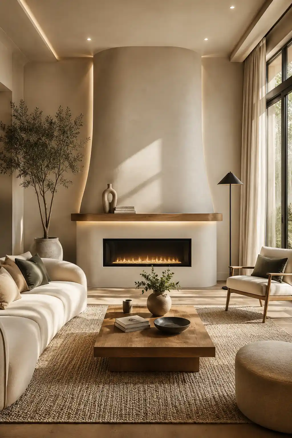 DIY curved plaster fireplace wall in a luxurious modern living room featuring a smooth ivory plaster finish, floating natural oak mantel, slim linear electric fireplace, concealed warm LED lighting, curved cream boucle sofa, travertine coffee table, textured neutral rug, floor to ceiling linen curtains, large windows, ceramic décor, and elegant contemporary interior design.