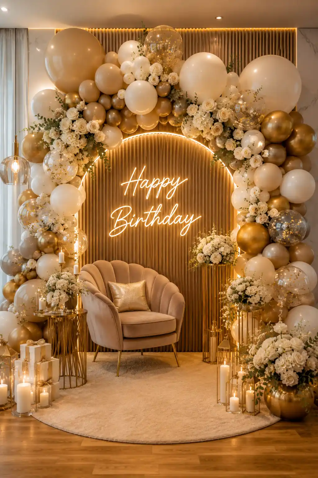 Luxury balloon arch birthday decoration featuring an oversized organic balloon arch in white, champagne, metallic gold, and transparent balloons with fresh white roses, hydrangeas, orchids, elegant accent chair, glowing Happy Birthday neon sign, candles, floral arrangements, and a modern luxury birthday party backdrop for a picture perfect celebration.