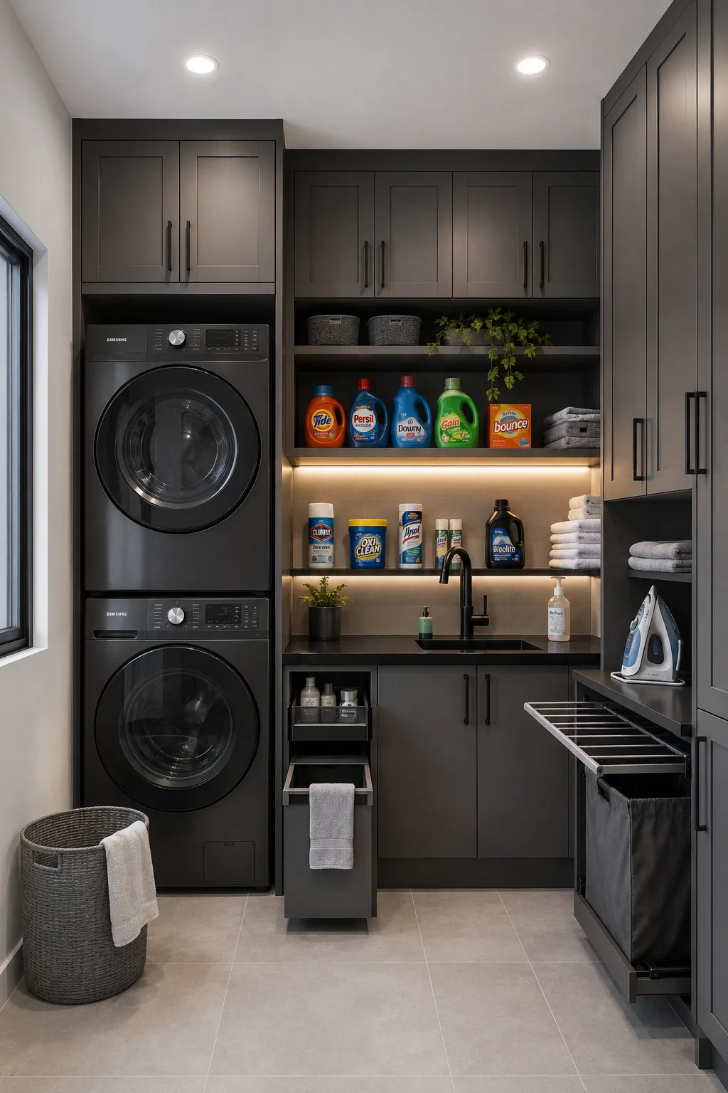 Modern matte black minimalist laundry room featuring a stacked front load washer and dryer, floor to ceiling black cabinets, white quartz countertop, built in pull out laundry hampers, floating storage shelves, warm LED under cabinet lighting, open organization, light porcelain flooring, and a space saving utility room layout for contemporary homes.