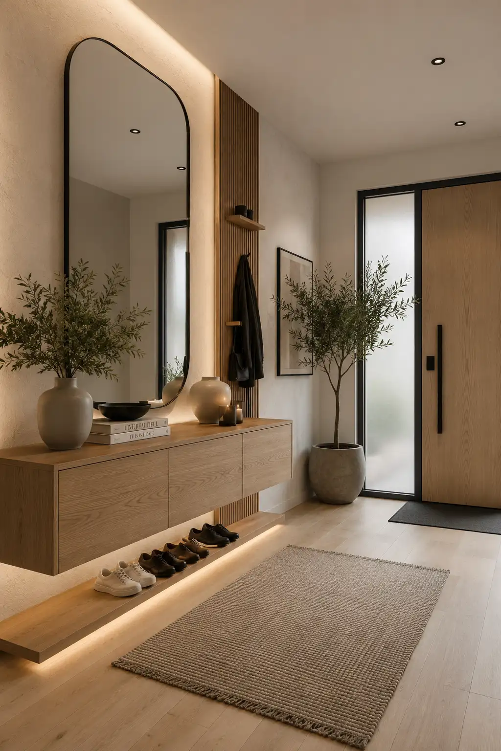 Modern minimalist floating console entrance hall featuring a floating oak console table, oversized arched mirror, hidden shoe storage, vertical wood slat accent wall, warm LED strip lighting, textured beige walls, indoor olive tree, decorative ceramic vases, neutral woven runner rug, matte black front door, contemporary lighting, and a bright luxury home entryway with clean architectural design.