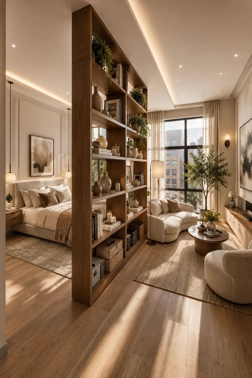 Luxury modern studio apartment featuring a floor to ceiling walnut bookshelf used as a stylish room divider between the bedroom and living room, soft neutral color palette, curved cream sofa, upholstered bed with layered bedding, warm oak flooring, oversized black framed windows, built in storage, decorative shelves with books and plants, marble coffee table, cozy lighting, and smart space saving interior design for small apartment living.