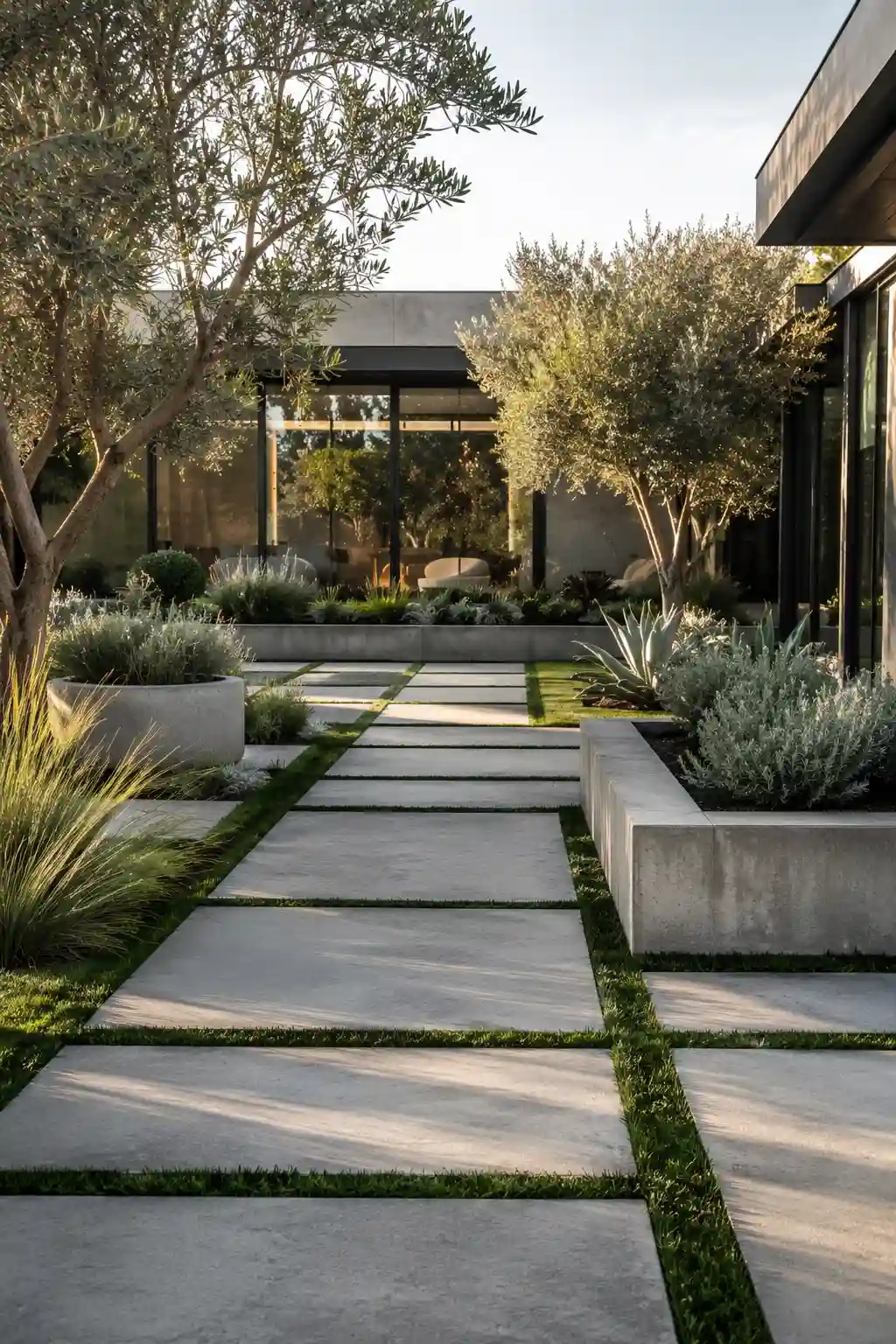 Minimalist concrete garden featuring oversized concrete stepping stones with lush grass joints, large architectural concrete planters, mature olive trees, ornamental grasses, clean geometric pathways, premium modern landscaping, luxury backyard design, contemporary outdoor living space, minimalist landscape architecture, elegant hardscaping, modern garden pathway ideas, high end residential landscape, floor to ceiling glass home, sophisticated outdoor decor, and timeless luxury garden inspiration. Minimalist concrete garden featuring oversized concrete stepping stones with lush grass joints, large architectural concrete planters, mature olive trees, ornamental grasses, clean geometric pathways, premium modern landscaping, luxury backyard design, contemporary outdoor living space, minimalist landscape architecture, elegant hardscaping, modern garden pathway ideas, high end residential landscape, floor to ceiling glass home, sophisticated outdoor decor, and timeless luxury garden inspiration.