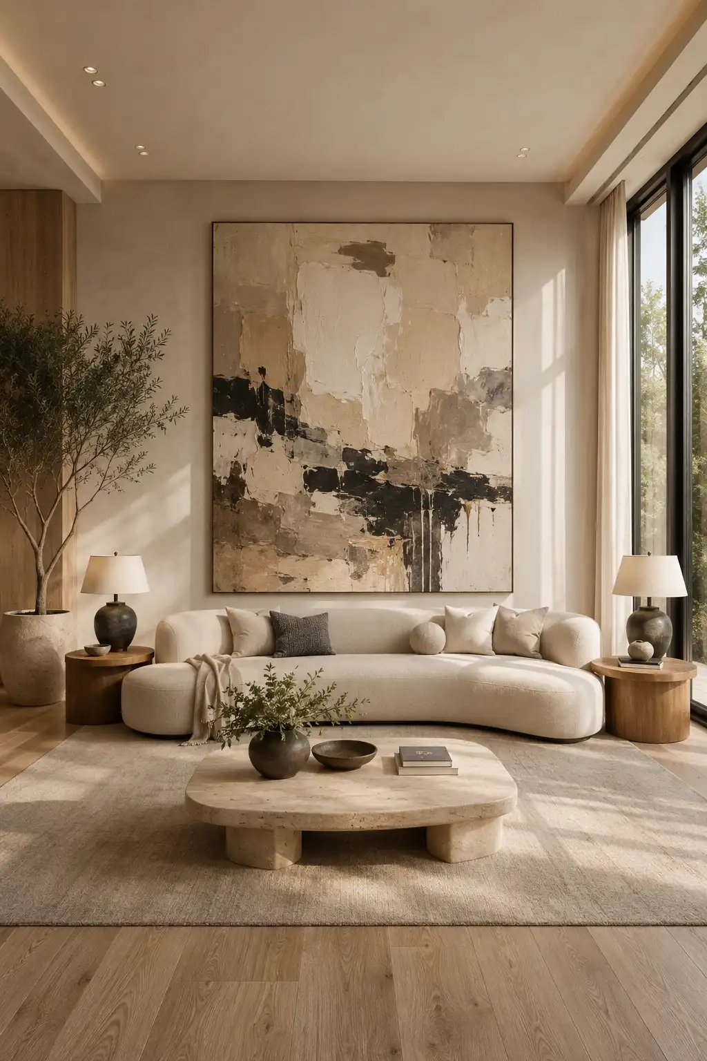 Large abstract canvas wall art displayed above a luxurious curved cream sofa in a modern neutral living room featuring oversized textured beige, ivory, taupe, and black abstract artwork, warm oak flooring, travertine coffee table, designer table lamps, indoor olive tree, soft linen curtains, floor to ceiling windows, natural sunlight, elegant contemporary furniture, and stylish DIY wall art ideas for decorating blank walls.