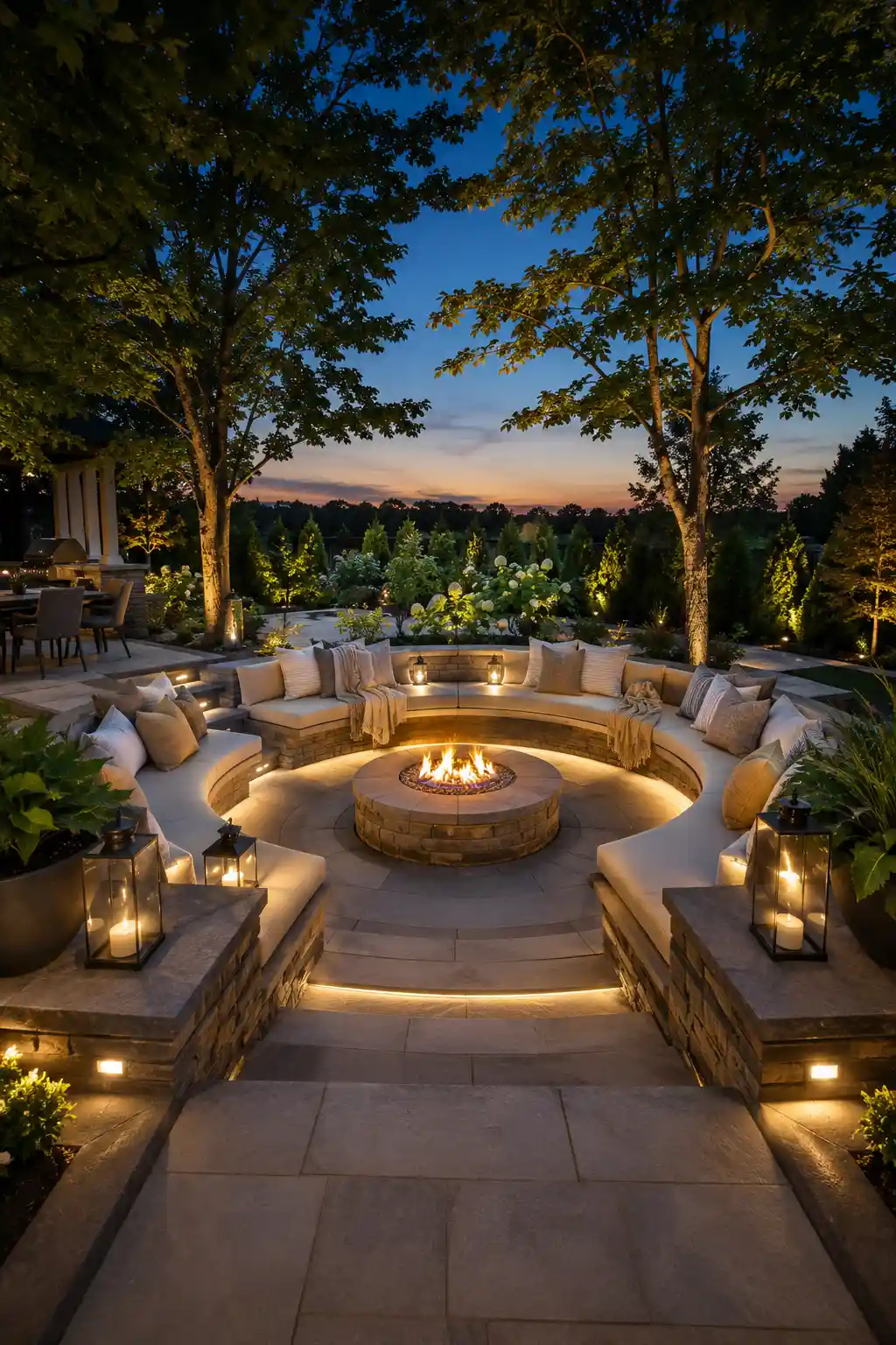 Luxury sunken backyard fire pit with curved built in natural stone seating, plush cream outdoor cushions, textured throw pillows, round gas fire pit with glowing flames, integrated LED step lighting, decorative lanterns, lush landscaped garden, mature shade trees, elegant stone patio, premium outdoor entertaining area, and cozy backyard gathering space captured at blue hour.