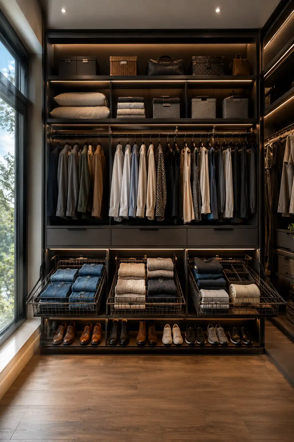 Small closet organization ideas featuring premium pull out wire storage baskets inside a luxury custom closet with neatly folded jeans, sweaters, towels, and clothing. Modern built in closet shelving, organized storage drawers, shoe storage below, warm LED lighting, and space saving closet storage solutions designed to maximize every inch of a small closet while creating a clean, functional, and designer inspired look.