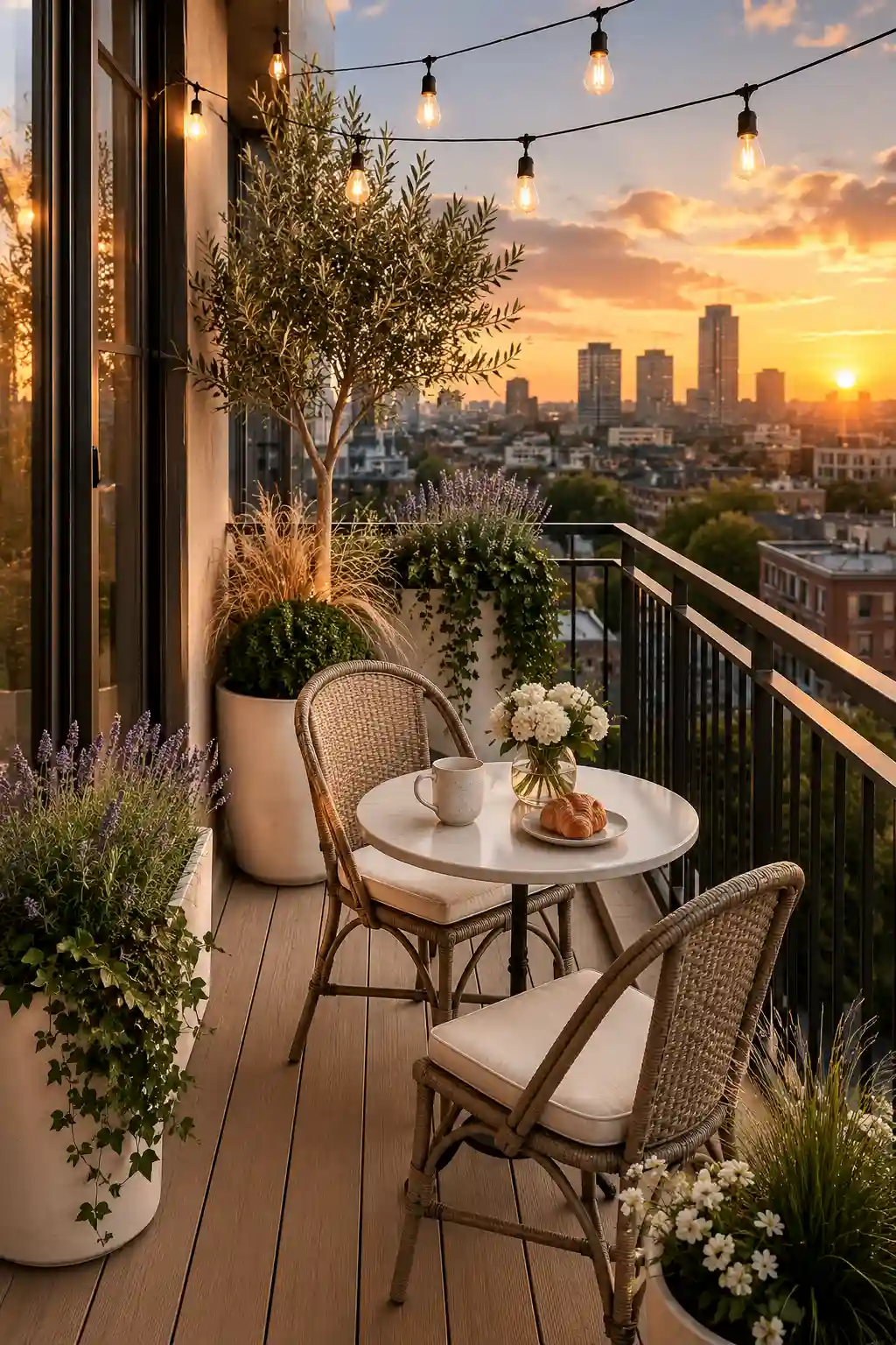 Cozy small apartment balcony featuring a compact round café table, elegant woven bistro chairs with cream cushions, natural wood deck flooring, olive tree planters, lavender, trailing ivy, warm string lights, decorative lanterns, and a beautiful modern city skyline, creating a stylish private outdoor oasis for apartment balcony decorating ideas.