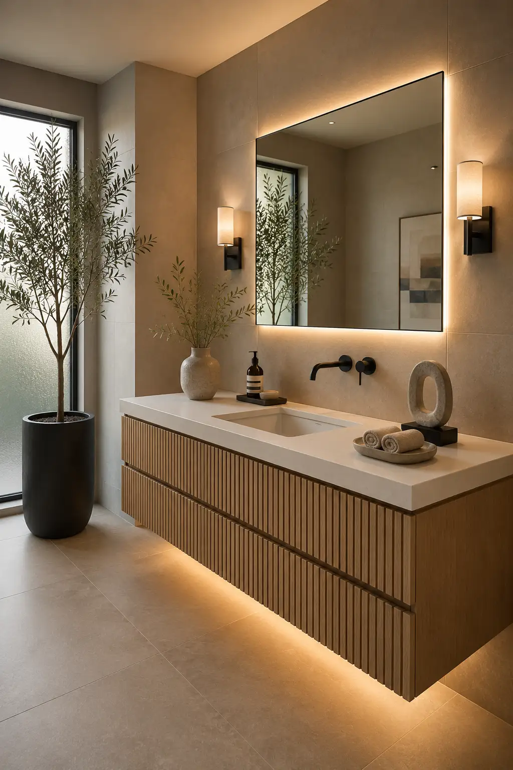 Luxury guest bathroom featuring a premium fluted white oak floating vanity with a thick white quartz countertop, integrated rectangular sink, oversized backlit LED mirror, matte black wall mounted faucet, modern black wall sconces, warm beige porcelain floor and wall tiles, concealed under vanity LED lighting, decorative ceramic vase with olive branches, luxury soap dispenser, sculptural stone décor, tall indoor olive tree in a matte black planter, minimalist styling, and elegant boutique hotel inspired modern guest bathroom decor.