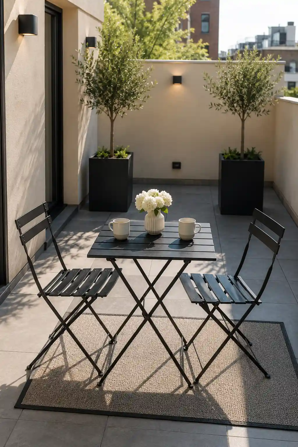Modern foldable black metal bistro table with two matching folding chairs on a luxury small patio featuring large charcoal porcelain pavers, oversized black architectural planters, olive trees, contemporary wall sconces, neutral outdoor rug, ceramic coffee mugs, fresh white flowers, and elegant space saving outdoor furniture ideas for compact patios, apartment balconies, and modern outdoor living spaces.