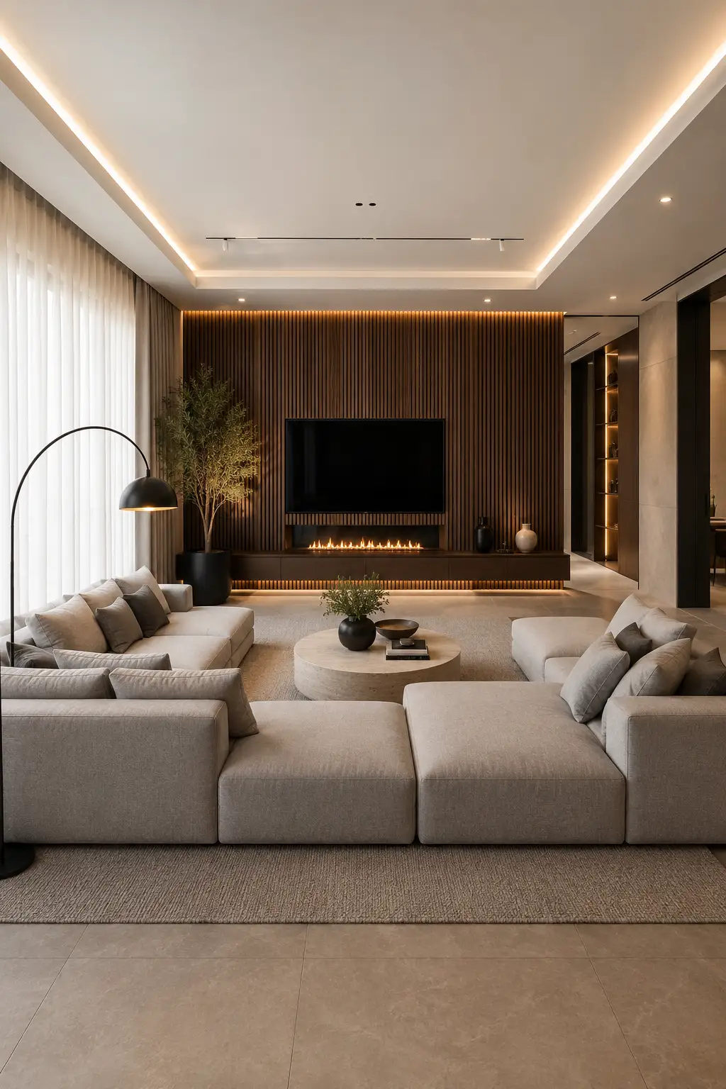 Modern grey couch living room featuring a large L shaped grey sectional sofa, walnut wood slat accent wall, floating TV console, sleek linear fireplace, warm recessed LED lighting, oversized round stone coffee table, textured neutral area rug, floor to ceiling sheer curtains, indoor olive tree, contemporary luxury décor, porcelain flooring, and an elegant open concept layout designed for a stylish modern family home.