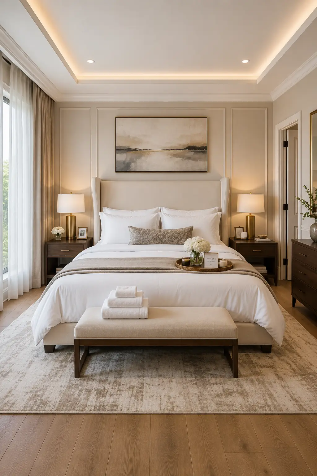 Luxury hotel style guest bedroom featuring a tall cream upholstered wingback bed with crisp white layered hotel bedding, plush pillows, decorative lumbar cushion, upholstered bench with folded white towels, elegant wall molding, warm walnut nightstands, brass table lamps, oversized neutral area rug, natural oak wood flooring, large landscape artwork, recessed cove ceiling lighting, floor to ceiling curtains, fresh flowers, decorative tray, and boutique hotel inspired décor creating a cozy and luxurious guest bedroom retreat.
