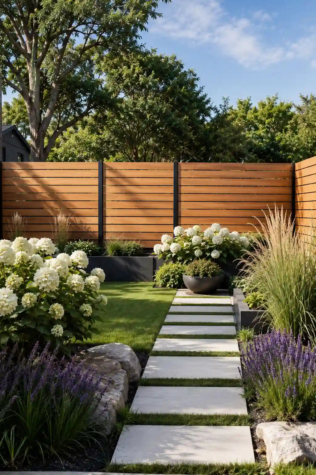 Modern horizontal cedar garden fence with premium natural cedar wood slats, matte black steel posts, lush emerald green striped lawn, white hydrangeas, blooming lavender, ornamental grasses, oversized concrete stepping stone pathway, decorative river rocks, luxury backyard landscaping, contemporary privacy fence, modern outdoor living design, high end garden fencing ideas, elegant landscape architecture, stylish backyard privacy inspiration.