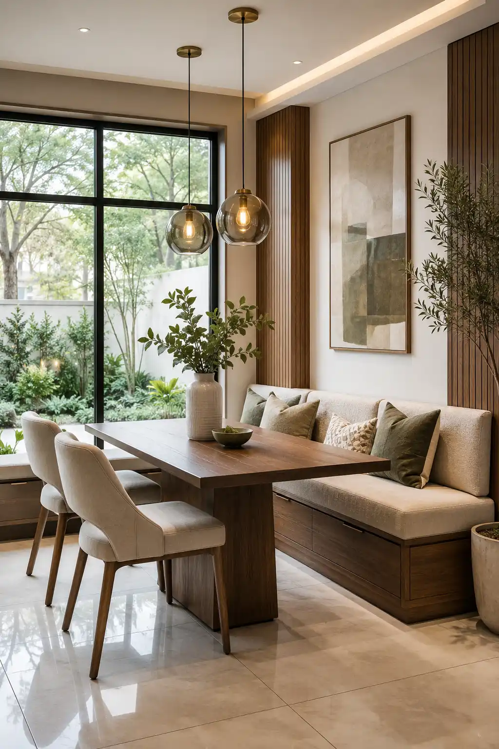 Modern small dining room featuring custom built in bench seating with hidden storage, solid walnut dining table, upholstered dining chairs, vertical wood slat accent wall, warm glass pendant lighting, polished porcelain flooring, large black framed windows, indoor plants, contemporary wall art, and luxury modern home décor designed to maximize space in a compact dining room.
