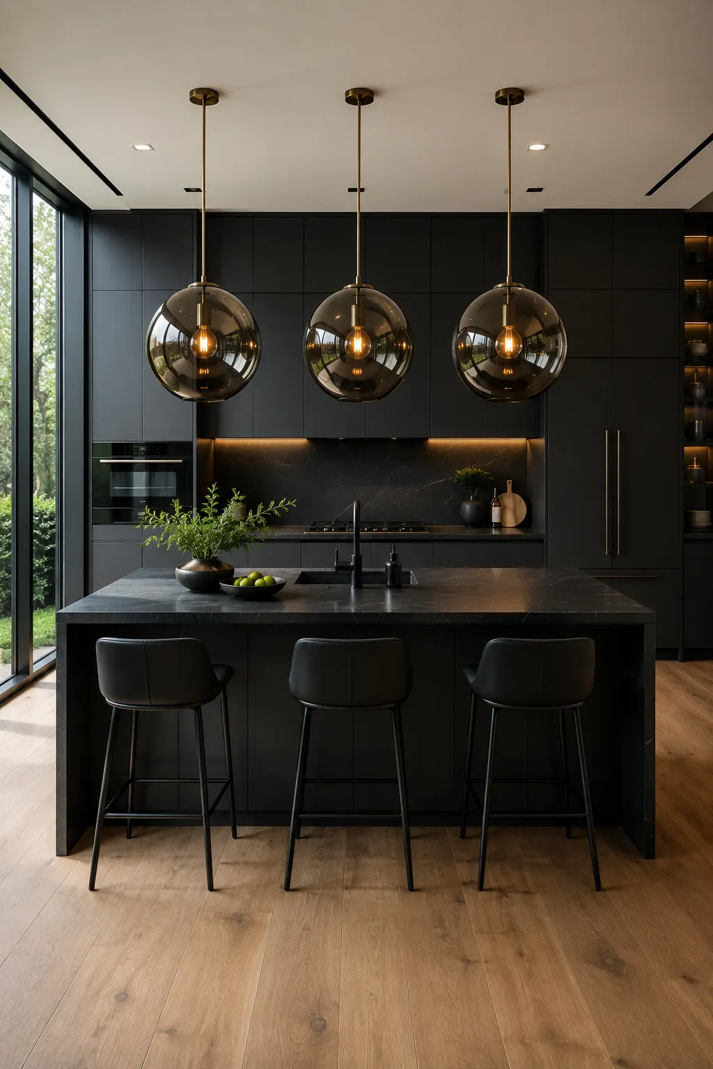 Luxury modern kitchen with matte black handleless cabinets, oversized smoked black globe pendant lights suspended above a dramatic black waterfall kitchen island, brushed brass pendant hardware and faucet, black leather counter stools, warm oak wood flooring, hidden LED under cabinet lighting, floor to ceiling glass windows, contemporary kitchen island lighting, sculptural pendant lighting, luxury modern kitchen ideas, designer kitchen inspiration, elegant black kitchen design, high end contemporary home interior