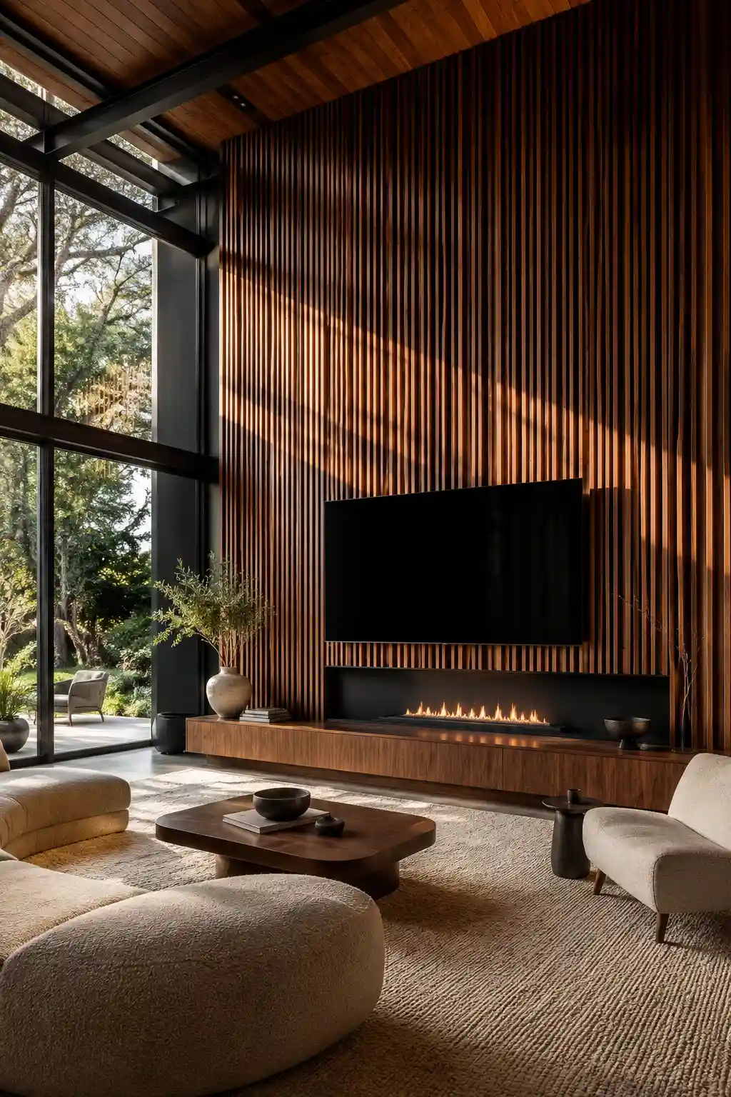 Elegant mid century modern living room featuring a dramatic floor to ceiling walnut slat feature wall, sleek floating linear fireplace, floating walnut media console, cozy cream boucle lounge chairs, textured neutral area rug, sculptural wood coffee table, exposed wood ceiling, expansive black framed glass windows, warm ambient lighting, luxury contemporary interior, timeless mid century modern home decor, designer living room inspiration with natural wood finishes.