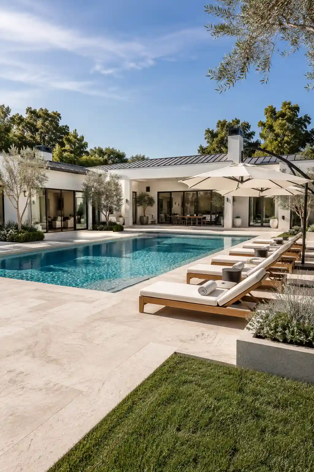 Luxury modern backyard pool with oversized cream limestone decking, premium teak chaise lounge chairs with thick white cushions, large cantilever umbrellas, sleek rectangular swimming pool, contemporary white luxury home with floor to ceiling glass doors, mature olive trees, manicured landscaping, elegant outdoor living space, resort style backyard, luxury poolside lounge zone, high end modern backyard design, sophisticated outdoor entertaining area, dream pool ideas for home, premium limestone pool patio inspiration.