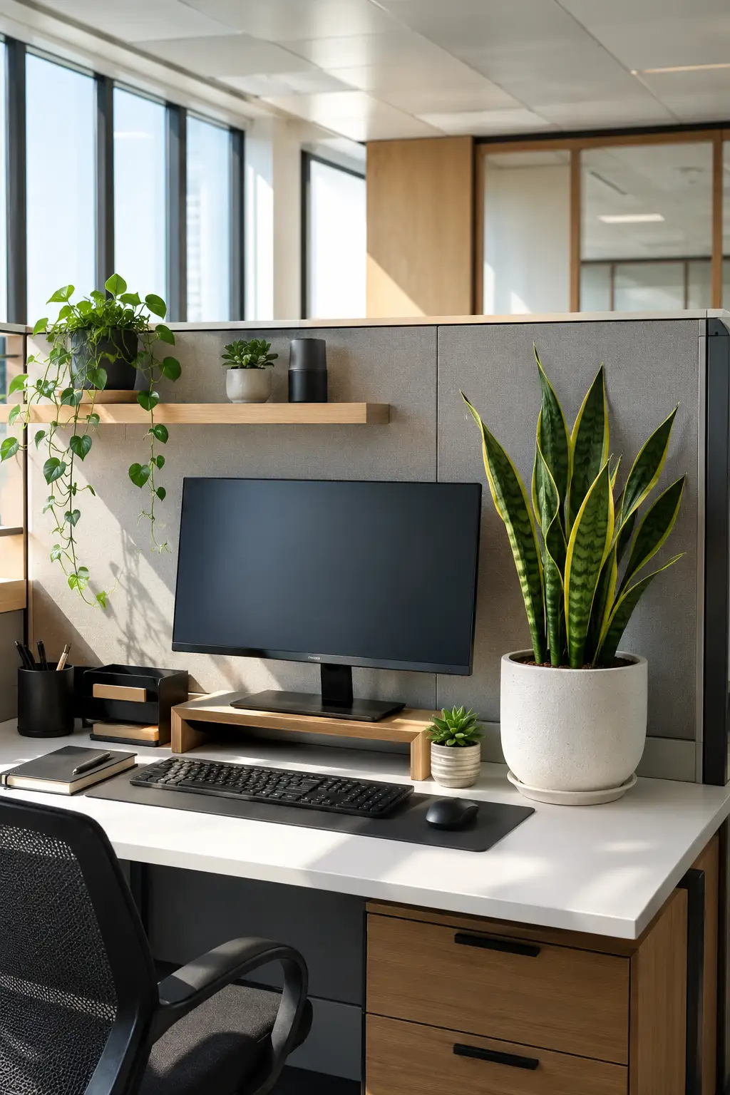 Beautiful cubicle decor ideas featuring lush indoor desk plants, a tall snake plant, trailing pothos on a floating wood shelf, modern office desk setup, neutral office decor, ergonomic chair, minimalist workspace, clean desk organization, wooden monitor riser, stylish office accessories, and natural greenery creating a fresh, calming, and productive workspace.