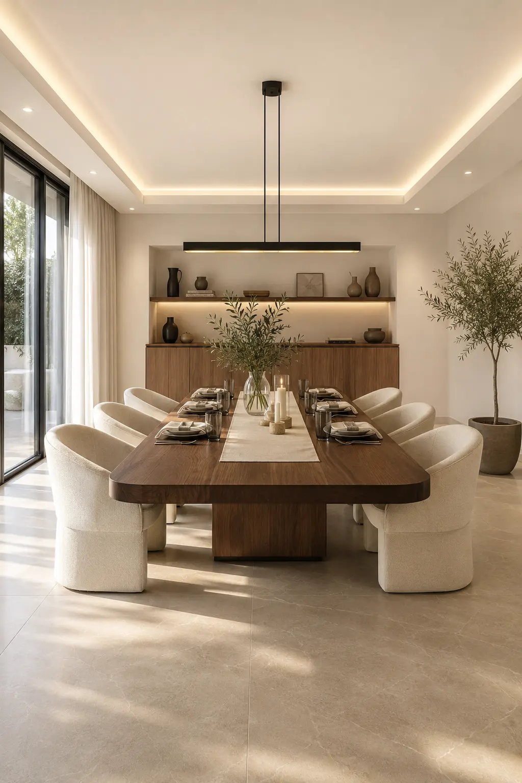 Luxury modern dining room featuring a floating solid walnut dining table, six curved cream upholstered dining chairs, built in walnut cabinetry with illuminated display shelves, warm neutral walls, oversized porcelain flooring, sleek linear pendant lighting, floor to ceiling black framed windows, indoor olive tree, and sophisticated contemporary home décor with elegant designer styling.