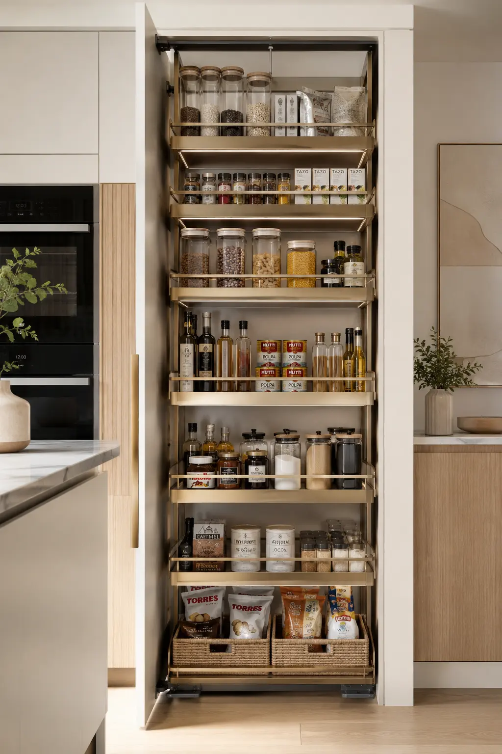 Luxury small kitchen pull out pantry with full height cabinet storage, organized glass pantry jars, clear food storage containers, built in warm LED lighting, matte white custom cabinetry, premium soft close pull out pantry shelves, modern kitchen organization system, space saving pantry storage solution, custom kitchen pantry design, elegant pantry cabinet ideas for small kitchens, luxury kitchen storage inspiration for maximum efficiency.