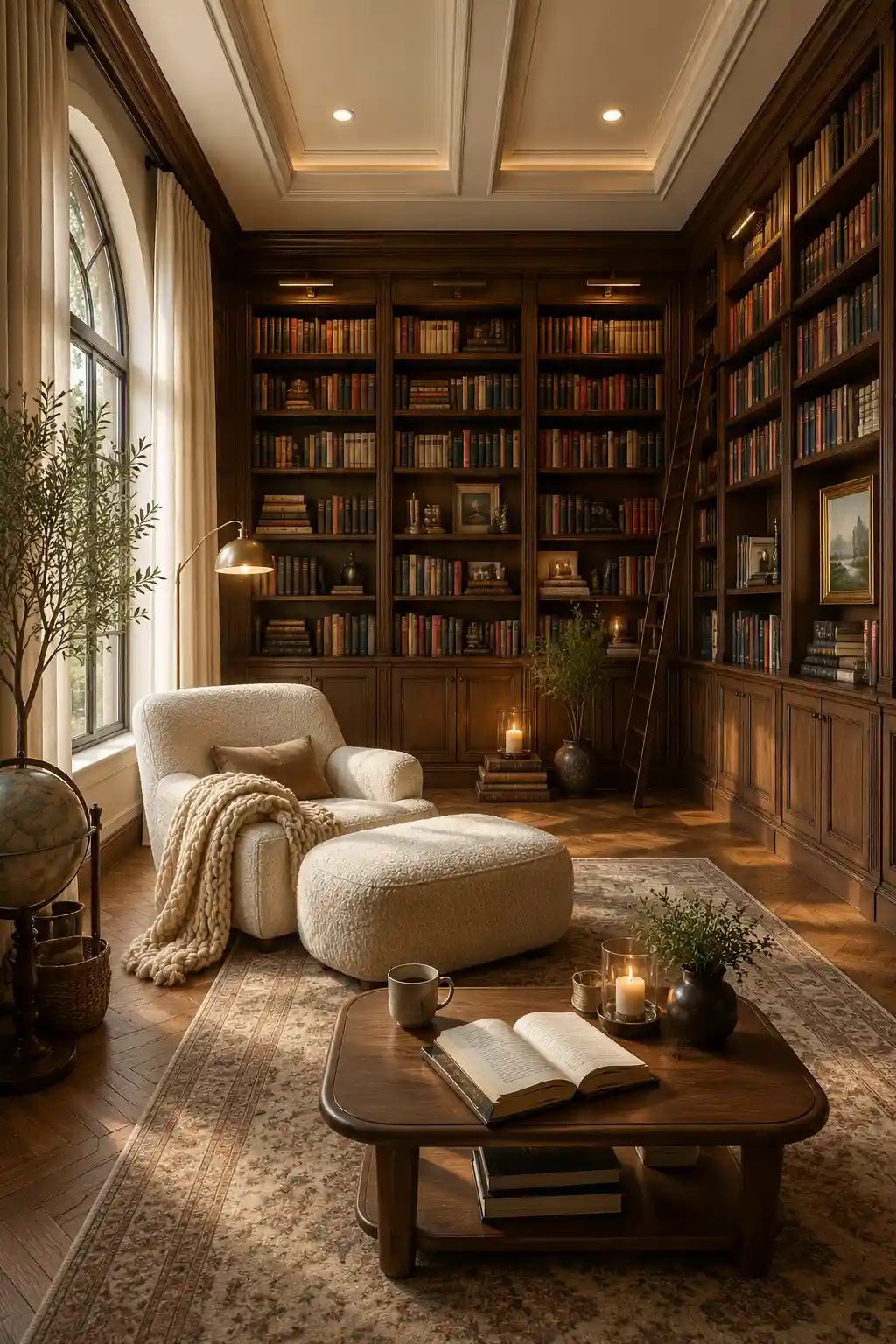 Luxury home library hobby room featuring floor to ceiling built in bookshelves, cozy upholstered reading chair, oversized arched window, warm natural daylight, light oak flooring, elegant wood cabinetry, decorative shelving, indoor plants, soft ambient lighting, premium reading nook, custom rolling library ladder, layered neutral decor, stylish area rug, designer wall sconces, modern luxury home library interior, sophisticated reading room design, elegant book lover retreat, custom built storage, timeless home library ideas, cozy hobby room inspiration, luxury reading corner for modern homes.
