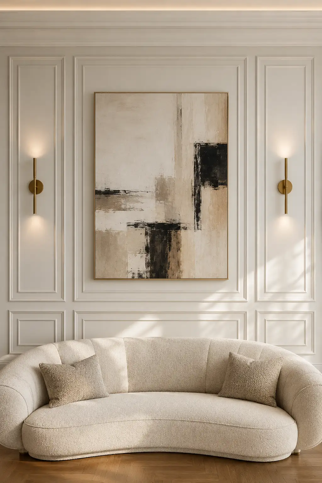 Luxury living room featuring oversized picture frame wall molding with elegant rectangular trim panels, warm ivory walls, brass wall sconces, oversized neutral abstract artwork, curved cream boucle sofa, white oak flooring, and a timeless custom built feature wall with a high end designer aesthetic.
