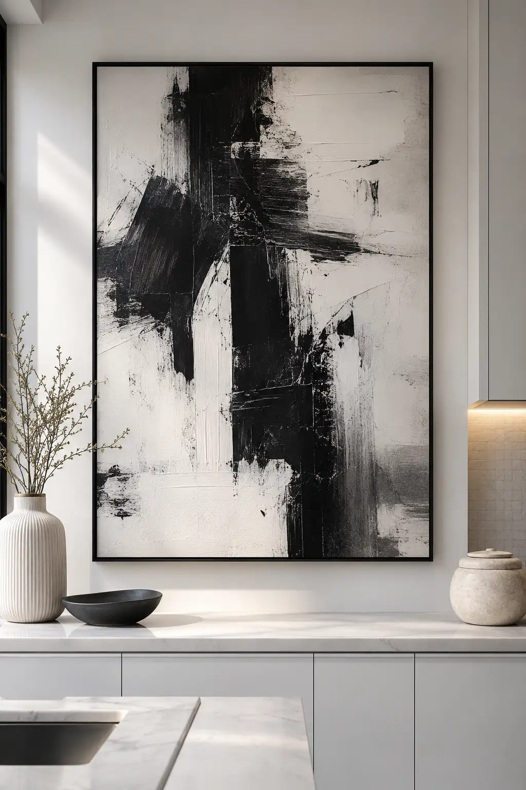 Oversized black and white abstract canvas wall art displayed above a modern kitchen countertop with white quartz surfaces, matte black frame, minimalist decor, ceramic accessories, natural light, and contemporary wood cabinetry for a luxury kitchen wall decor inspiration.