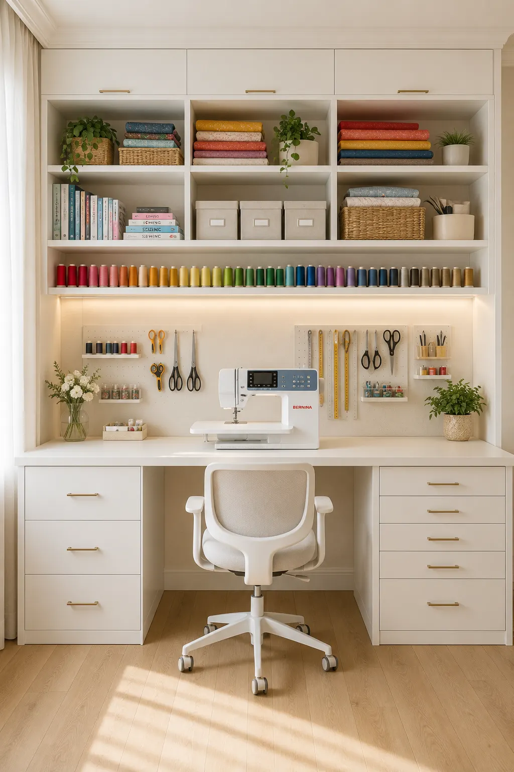 Modern small sewing room featuring a custom wall to wall built in sewing desk with spacious drawer storage, floating wood shelves, colorful folded fabric organization, pegboard tool storage, premium sewing machine, warm LED shelf lighting, decorative plants, and smart small sewing room ideas designed to maximize storage and workspace in a compact craft room.