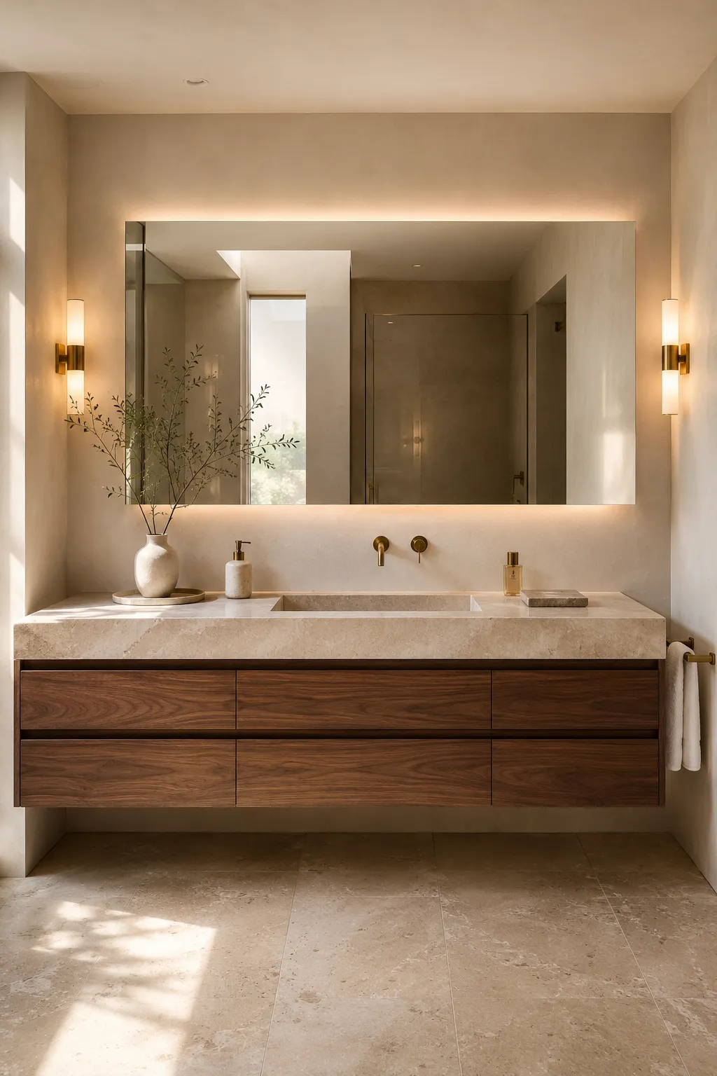Modern floating walnut bathroom vanity with rich natural wood grain, creamy travertine countertop, integrated rectangular sink, oversized backlit mirror, brushed brass fixtures, warm beige stone flooring, and elegant neutral luxury bathroom decor.