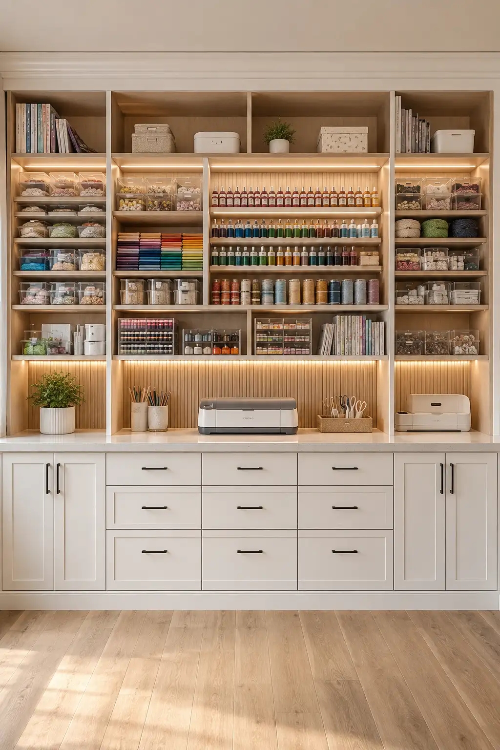 Luxury floor to ceiling craft room storage wall featuring custom matte white built in cabinets, warm white oak shelving, clear acrylic storage bins, labeled organizers, colorful cardstock, folded fabric, yarn, paint bottles, ribbon storage, Cricut machine, spacious countertop, deep drawers, LED shelf lighting, and modern craft room organization ideas designed to maximize storage while keeping every craft supply neat, accessible, and beautifully displayed.
